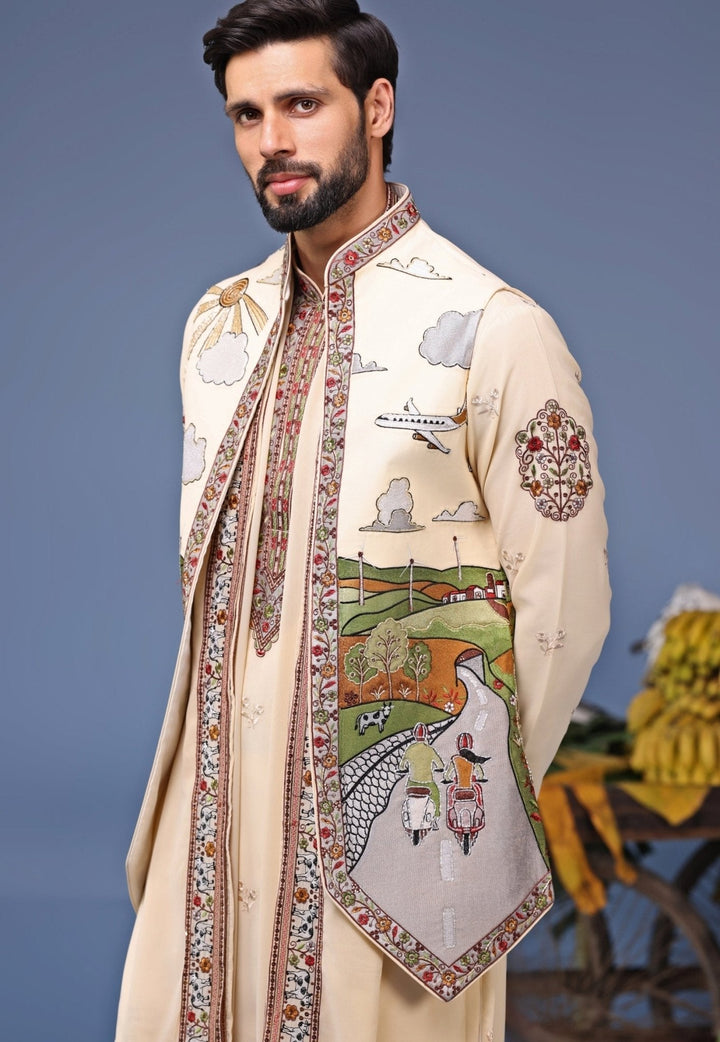 Ivory Georgette Kurta Pant Set with Embroidered Jacket Kalpraag - Fabilicious Fashion