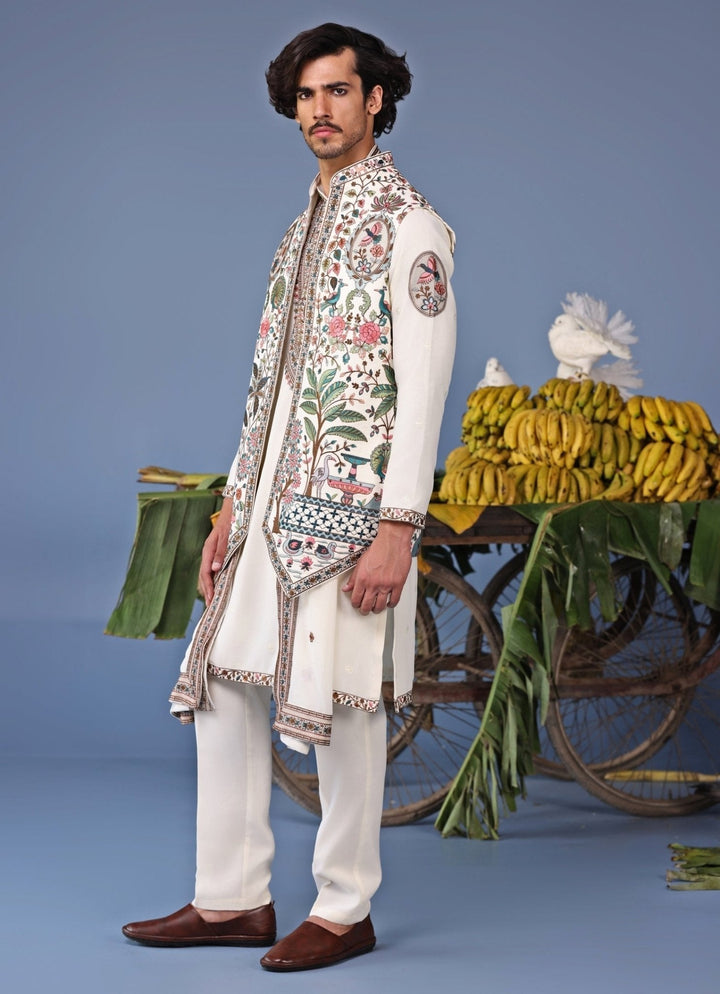Ivory Georgette Kurta Pant Set with Embroidered Jacket Kalpraag - Fabilicious Fashion