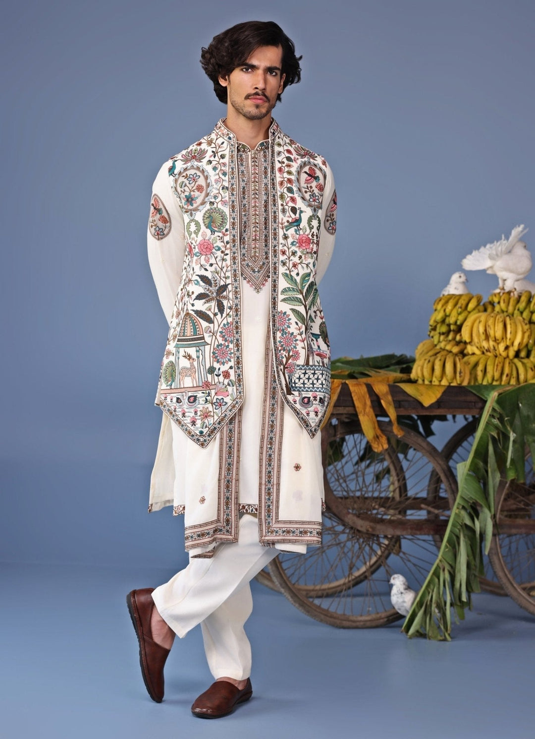 Ivory Georgette Kurta Pant Set with Embroidered Jacket Kalpraag - Fabilicious Fashion