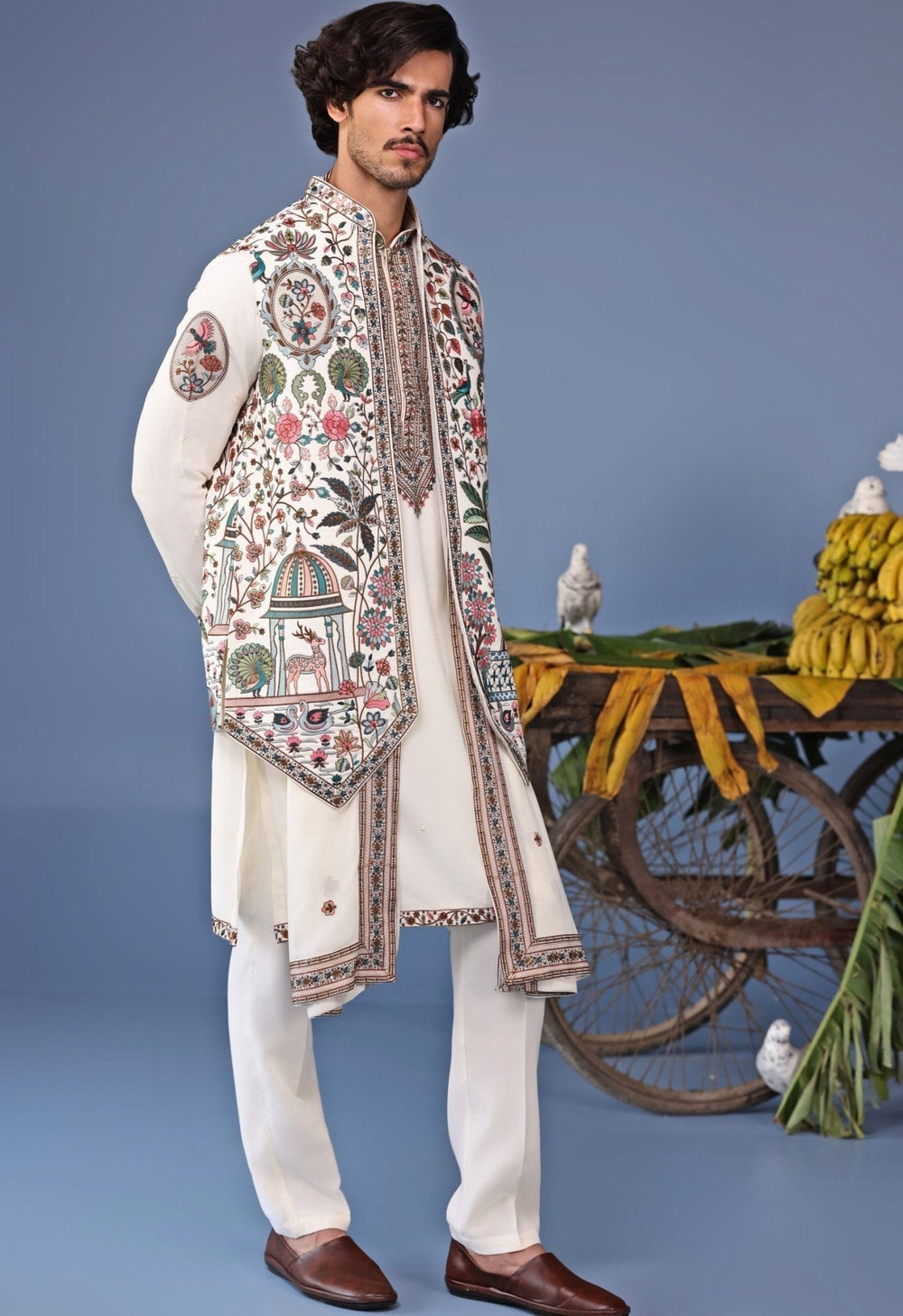 Ivory Georgette Kurta Pant Set with Embroidered Jacket Kalpraag - Fabilicious Fashion