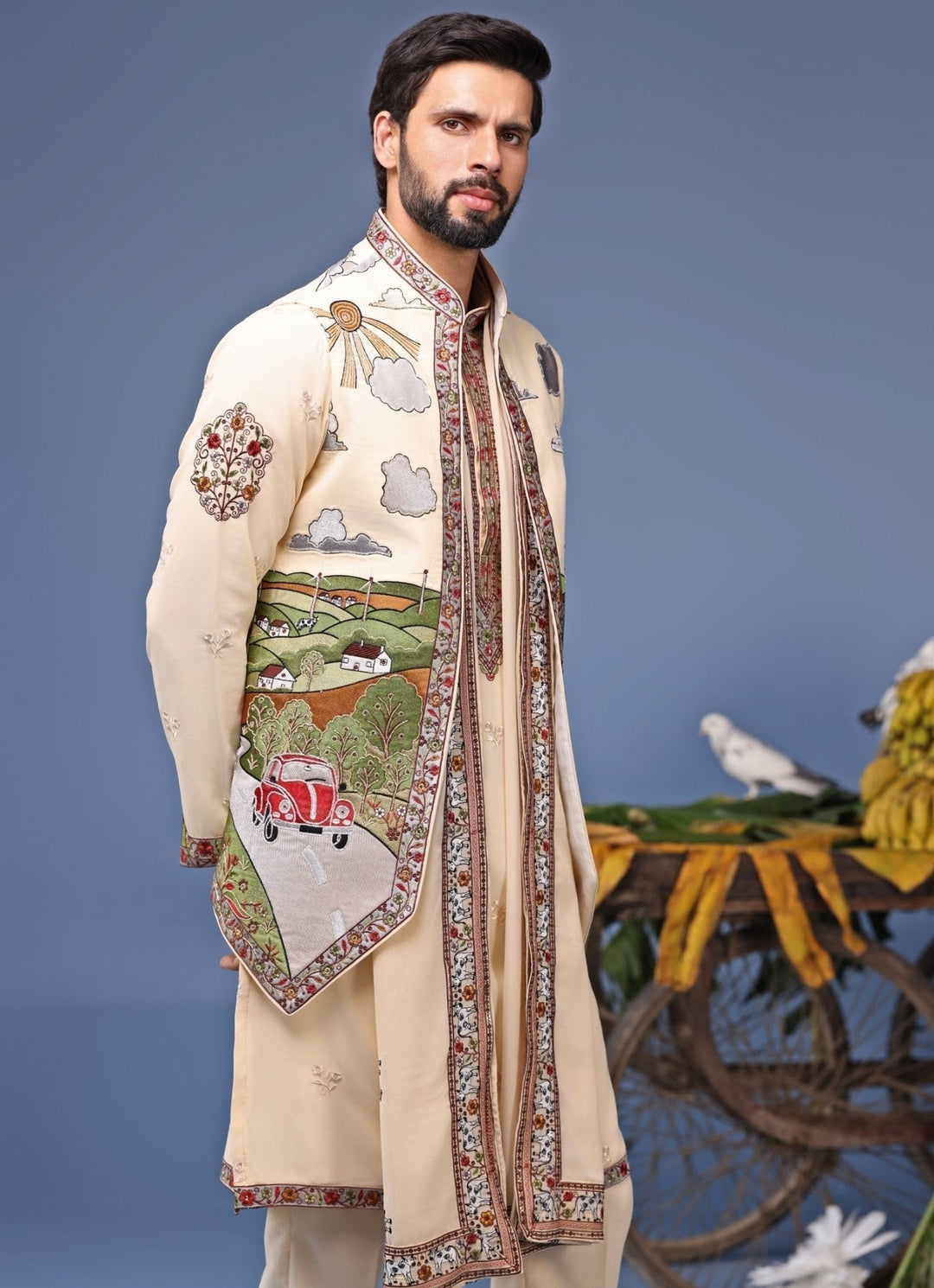 Ivory Georgette Kurta Pant Set with Embroidered Jacket Kalpraag - Fabilicious Fashion