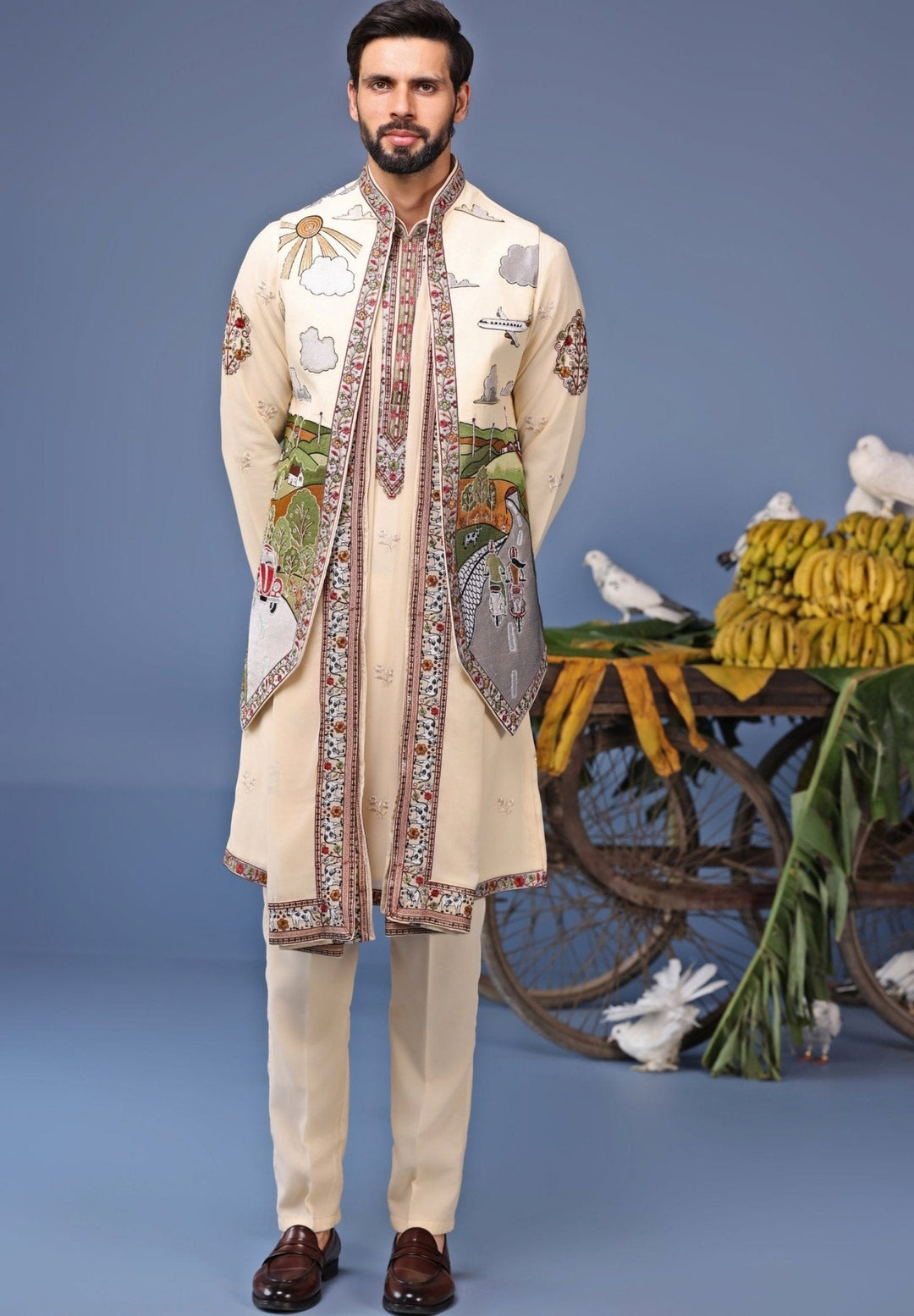 Ivory Georgette Kurta Pant Set with Embroidered Jacket Kalpraag - Fabilicious Fashion