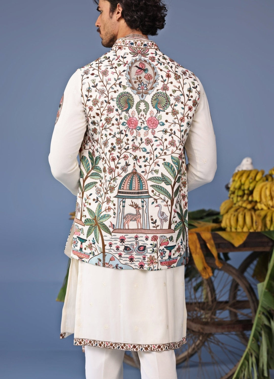 Ivory Georgette Kurta Pant Set with Embroidered Jacket Kalpraag - Fabilicious Fashion