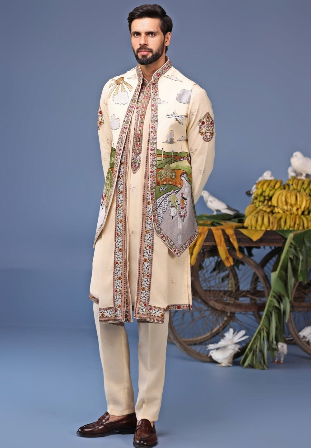 Ivory Georgette Kurta Pant Set with Embroidered Jacket Kalpraag - Fabilicious Fashion