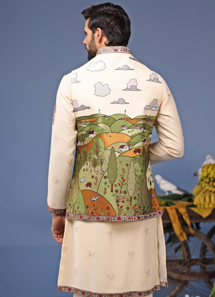 Ivory Georgette Kurta Pant Set with Embroidered Jacket Kalpraag - Fabilicious Fashion