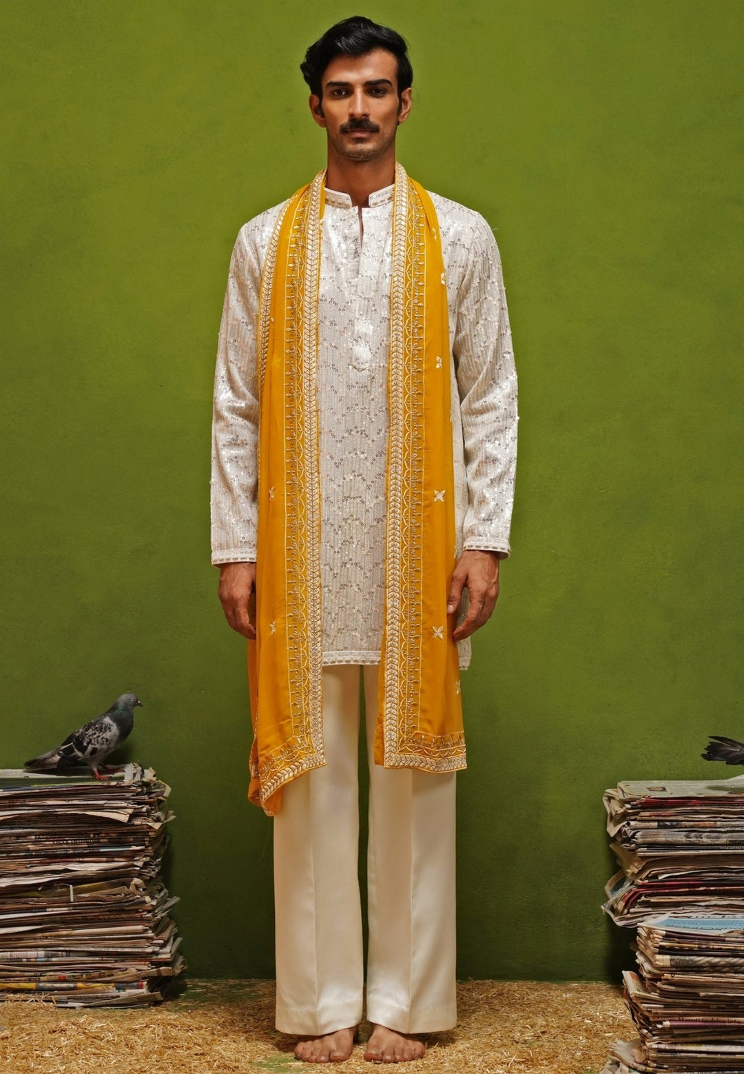 Kalpraag Ivory Georgette Kurta Set with Yellow DupattaFabilicious Fashion