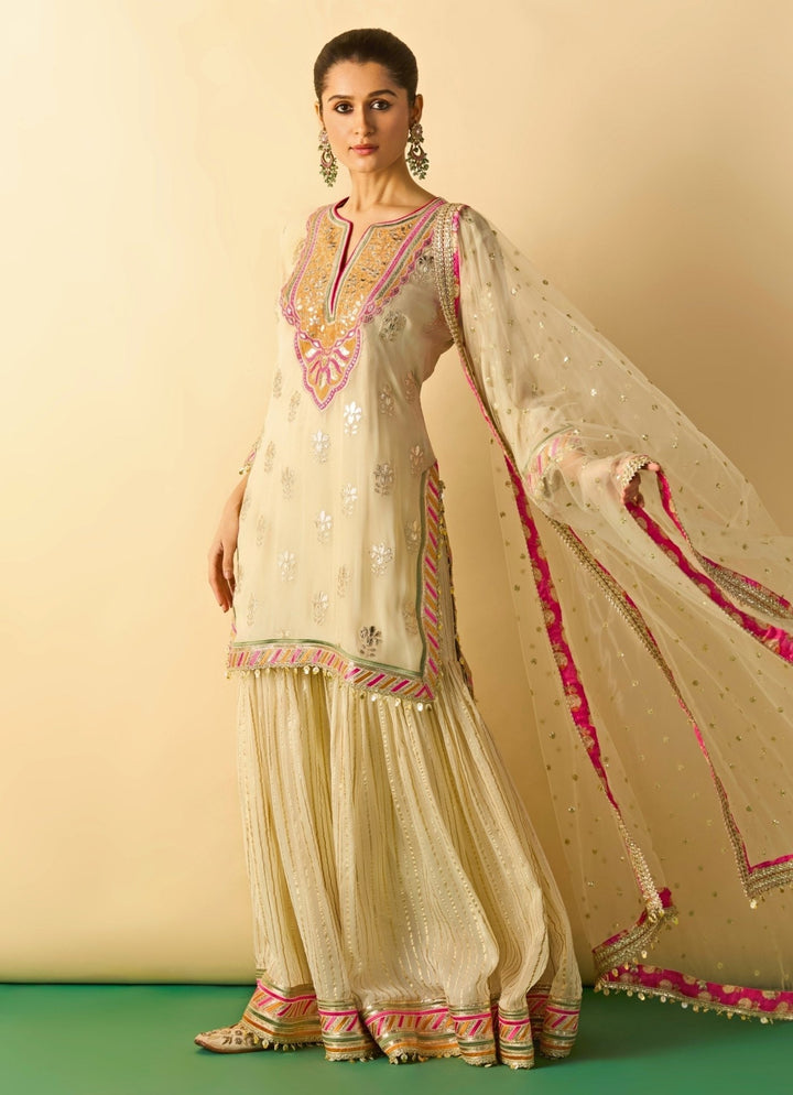 Gopi Vaid Ivory Georgette Kurta Sharara SetFabilicious Fashion
