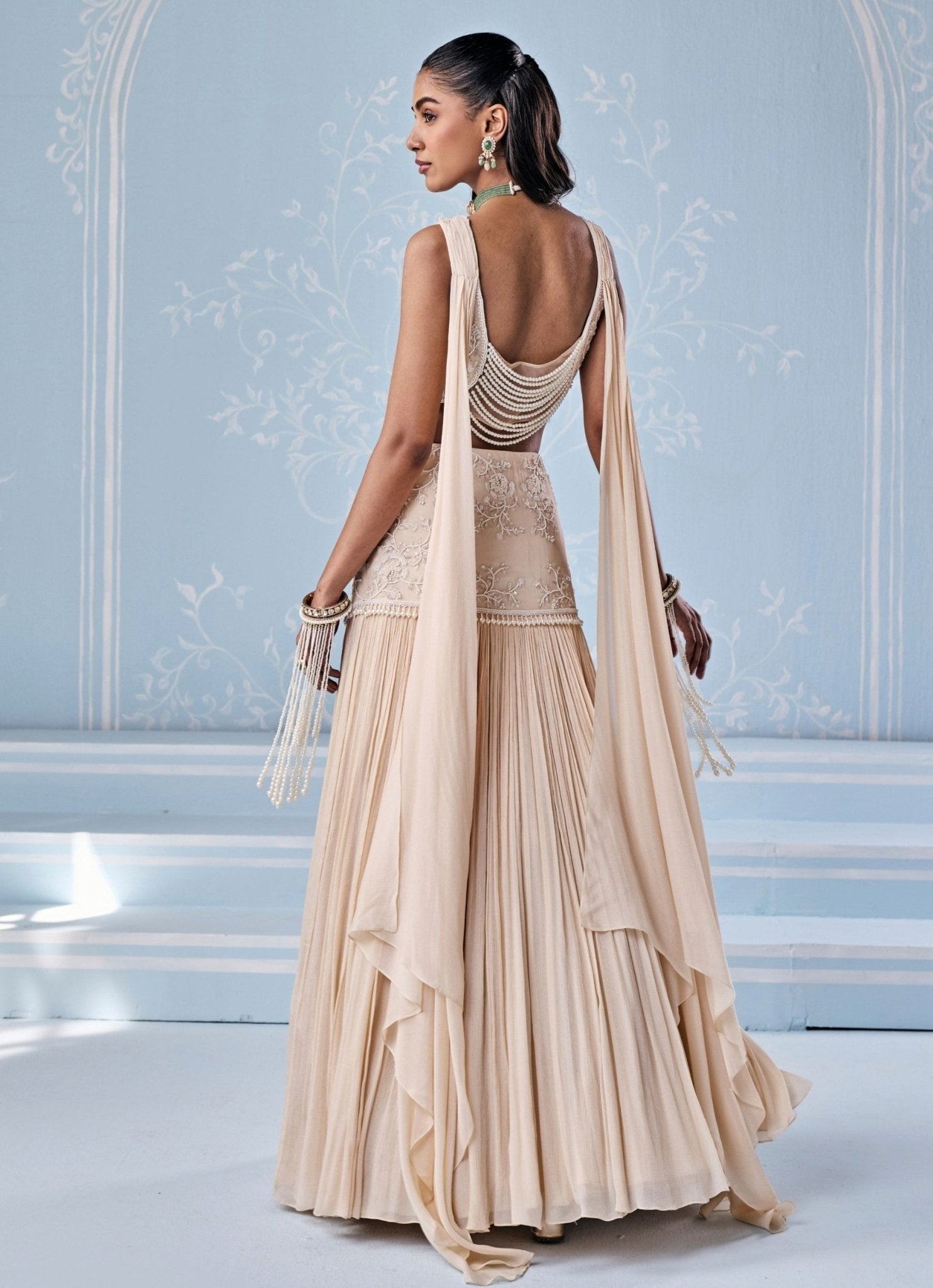 Ivory georgette lehenga with attached dupatta — best lehenga color for neutral skin tone by Seema Thukral