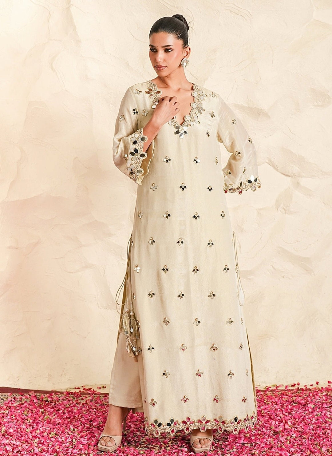 Nidhika Shekhar Ivory Georgette Mirror Kurta Pants SetFabilicious Fashion