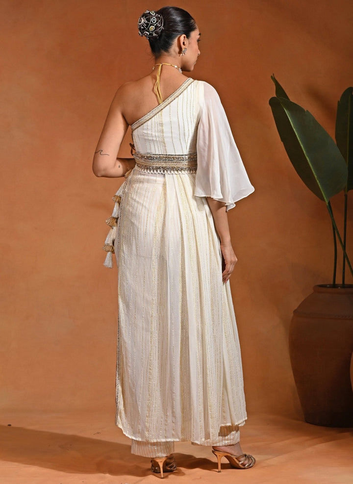 Rishi and Vibhuti Ivory Georgette One-Shoulder Kurta Pants SetFabilicious Fashion