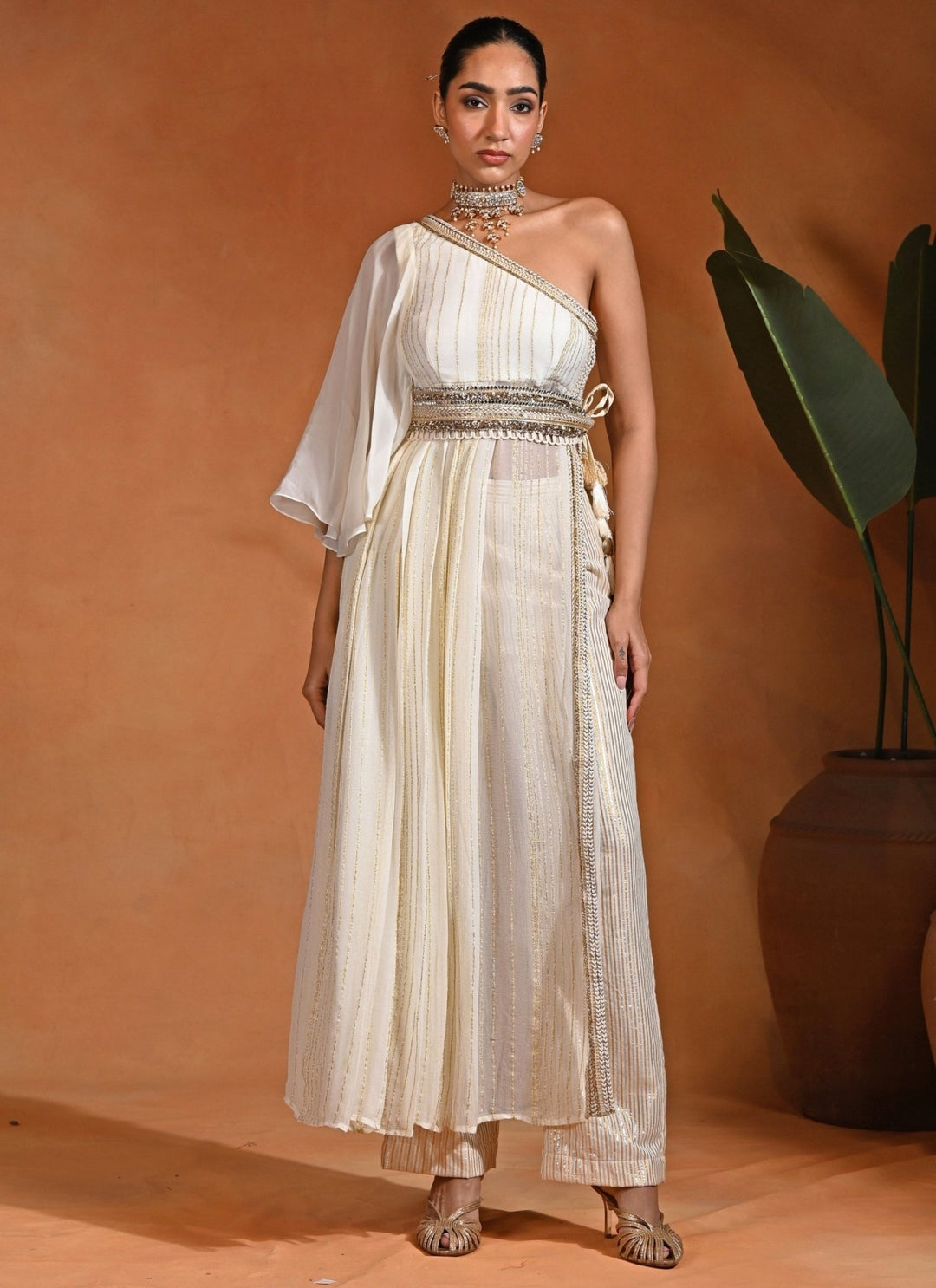 Rishi and Vibhuti Ivory Georgette One-Shoulder Kurta Pants SetFabilicious Fashion