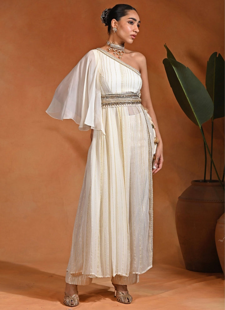 Rishi and Vibhuti Ivory Georgette One-Shoulder Kurta Pants SetFabilicious Fashion