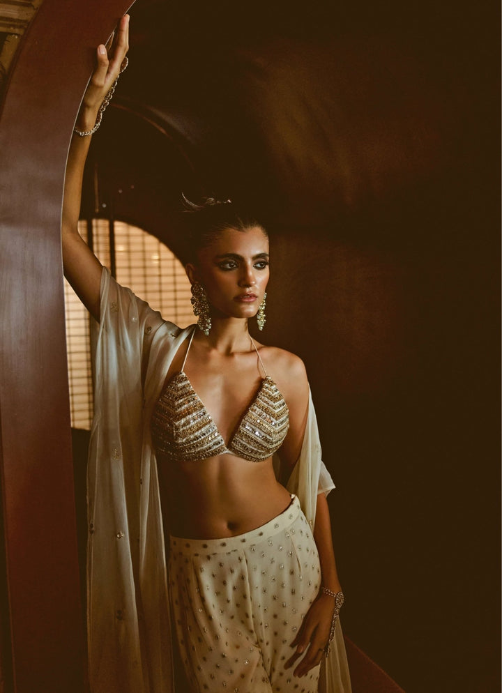 Rishi and Vibhuti Ivory Georgette Pants Set With CapeFabilicious Fashion