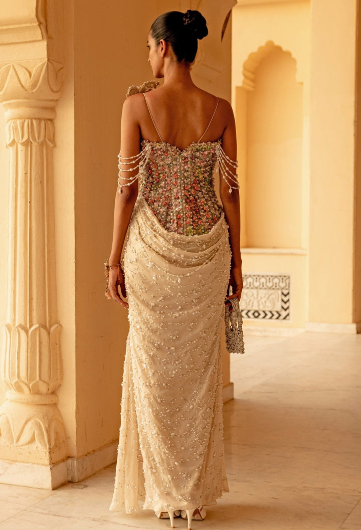 Moledro Ivory Georgette Pearl Concept Saree GownFabilicious Fashion
