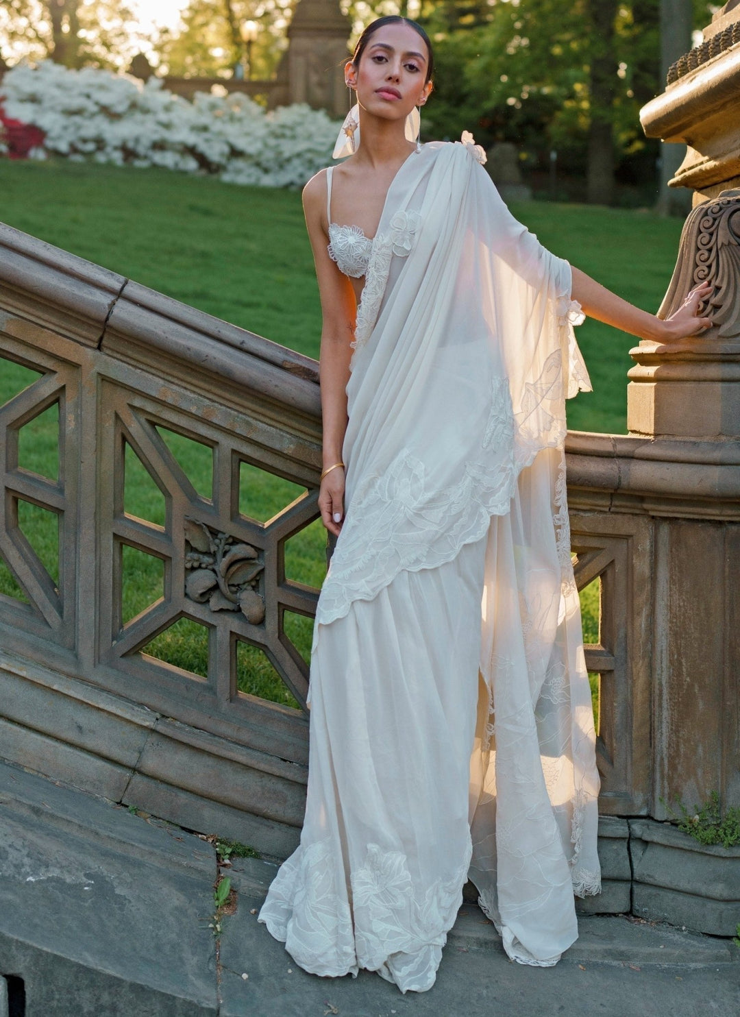 The Little Black Bow Ivory Georgette Pre-Draped Concept SareeFabilicious Fashion