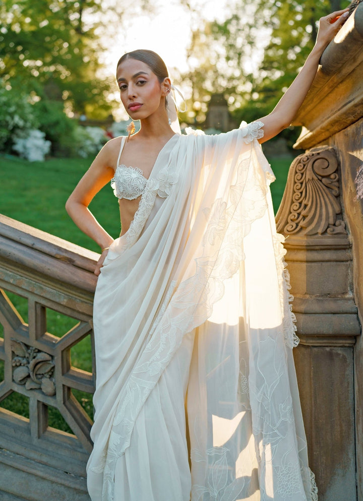 The Little Black Bow Ivory Georgette Pre-Draped Concept SareeFabilicious Fashion