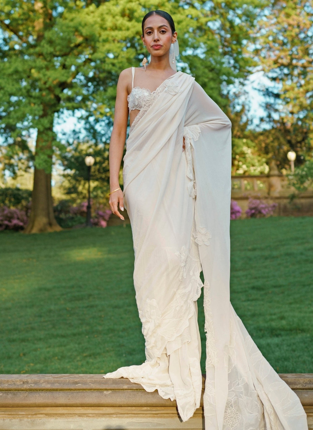 The Little Black Bow Ivory Georgette Pre-Draped Concept SareeFabilicious Fashion