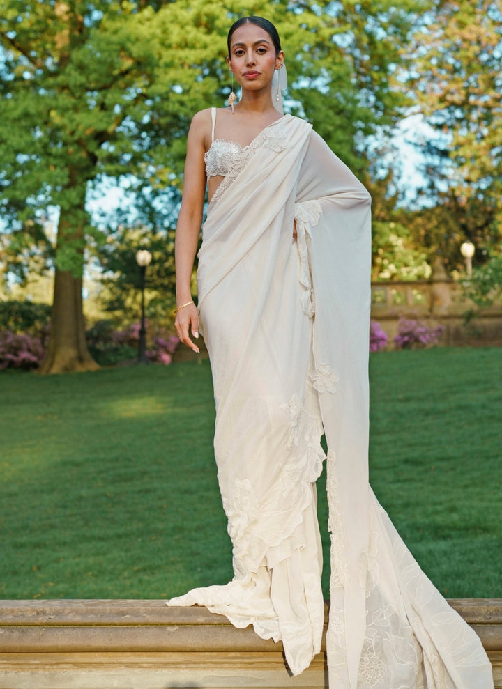 The Little Black Bow Ivory Georgette Pre-Draped Concept SareeFabilicious Fashion