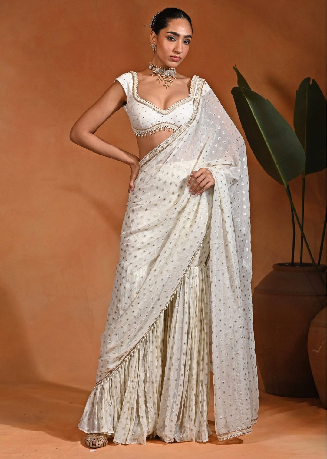 Rishi and Vibhuti Ivory Georgette Pre-Draped Pant Saree SetFabilicious Fashion