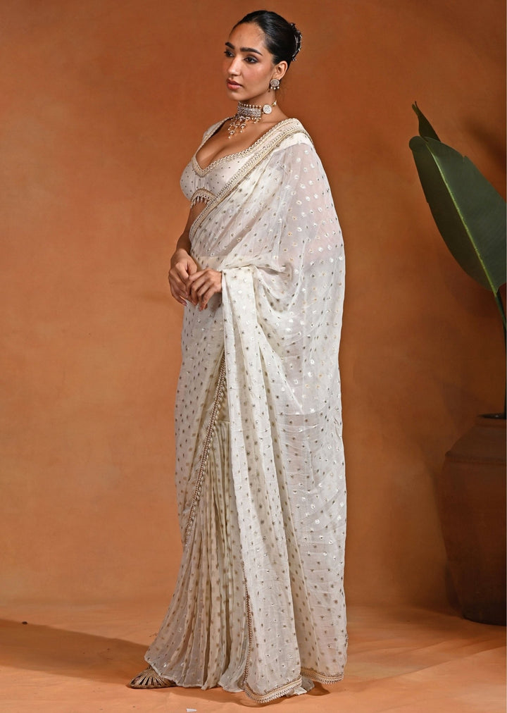 Rishi and Vibhuti Ivory Georgette Pre-Draped Pant Saree SetFabilicious Fashion
