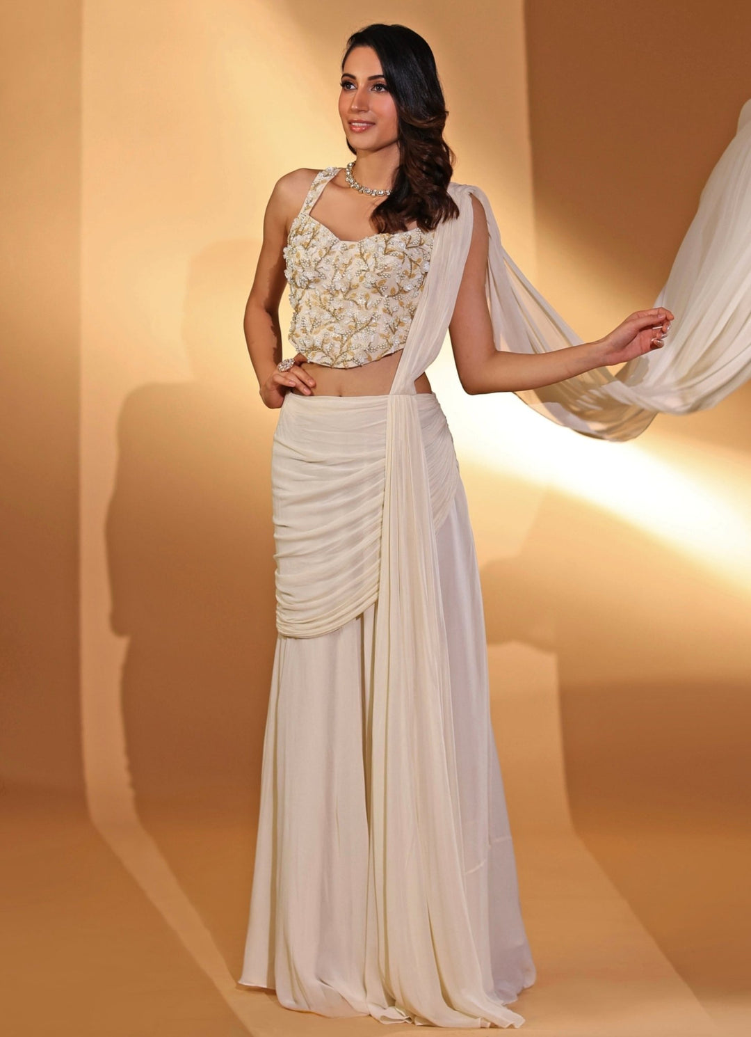 Ivory Georgette Pre - Draped Saree With Corset Blouse Kiyohra - Fabilicious Fashion