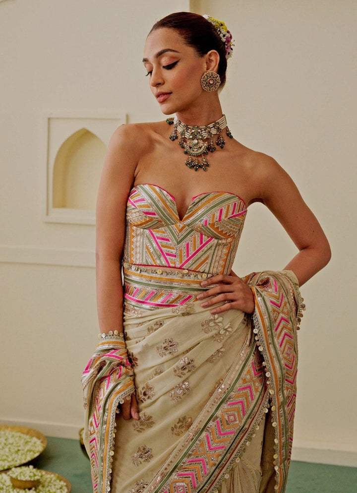 Gopi Vaid Ivory Georgette Pre-Draped Saree With CorsetFabilicious Fashion