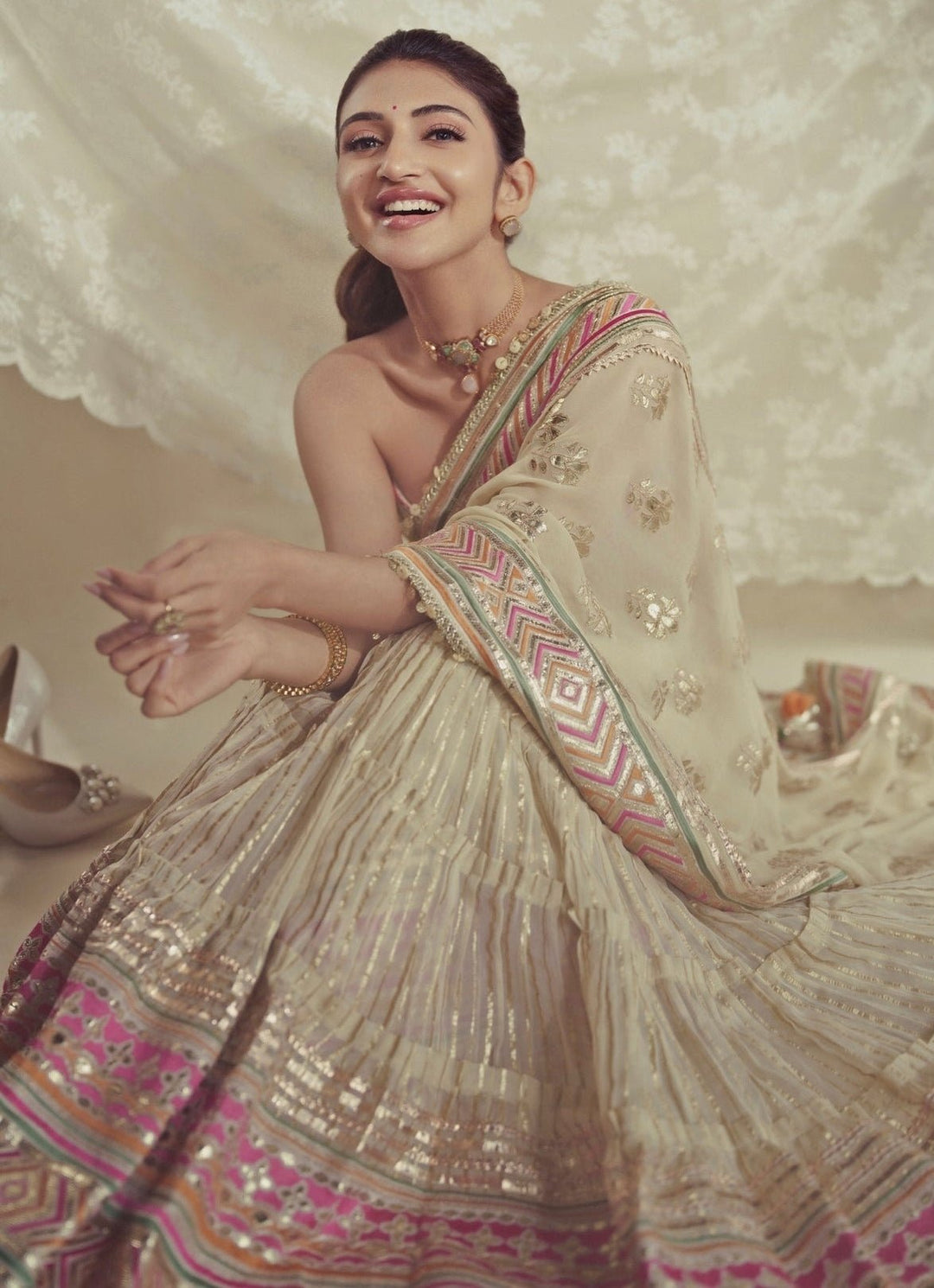 Gopi Vaid Ivory Georgette Pre-Draped Saree With CorsetFabilicious Fashion
