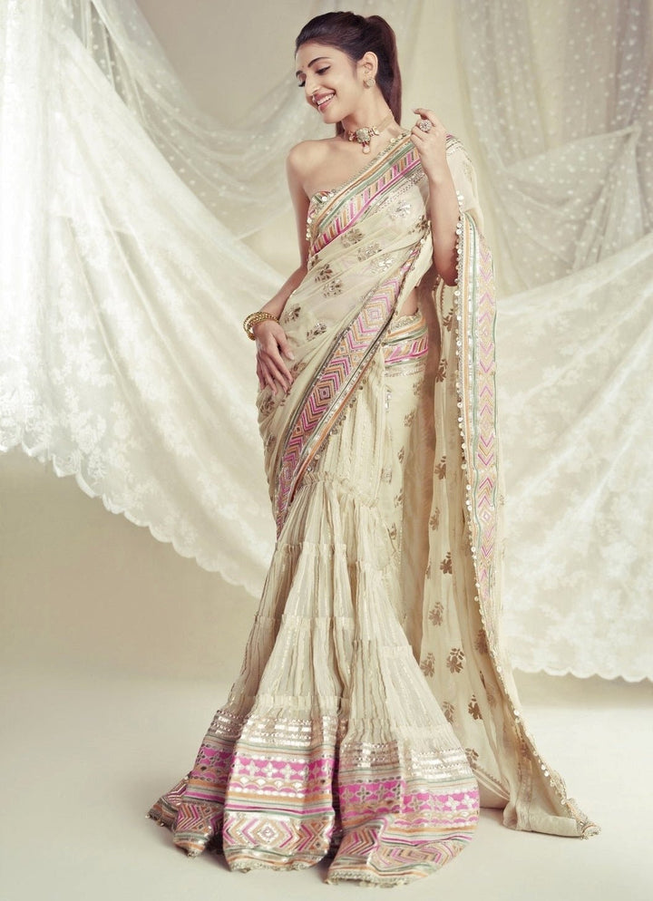 Gopi Vaid Ivory Georgette Pre-Draped Saree With CorsetFabilicious Fashion