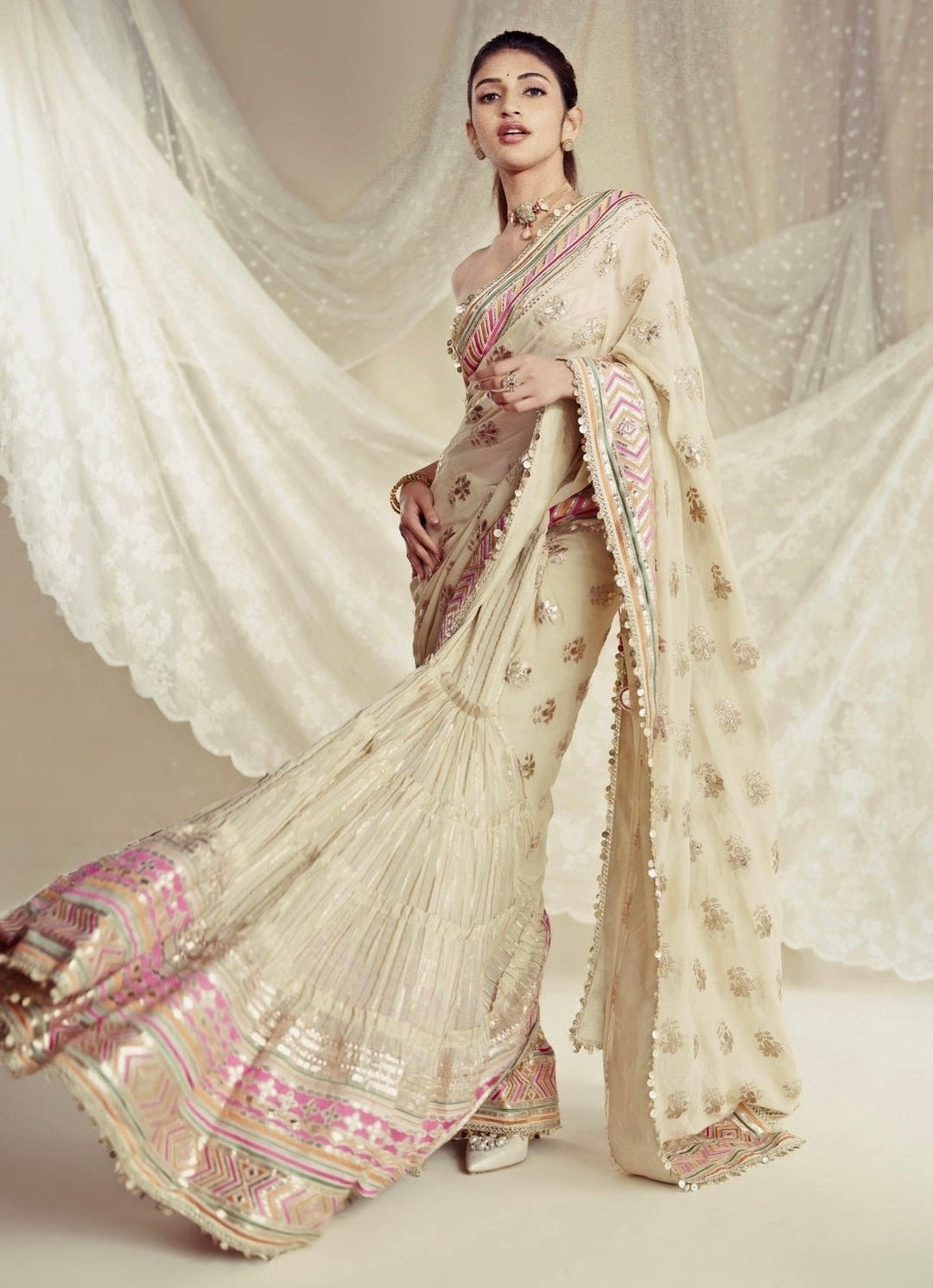 Gopi Vaid Ivory Georgette Pre-Draped Saree With CorsetFabilicious Fashion