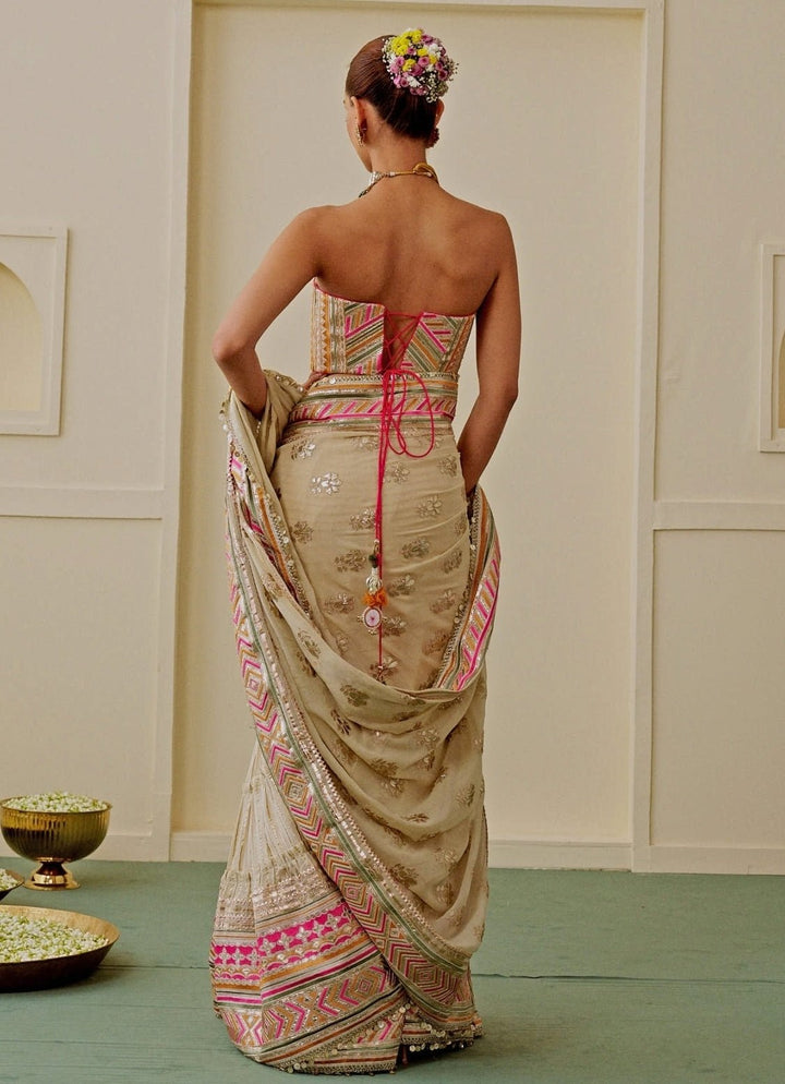Gopi Vaid Ivory Georgette Pre-Draped Saree With CorsetFabilicious Fashion
