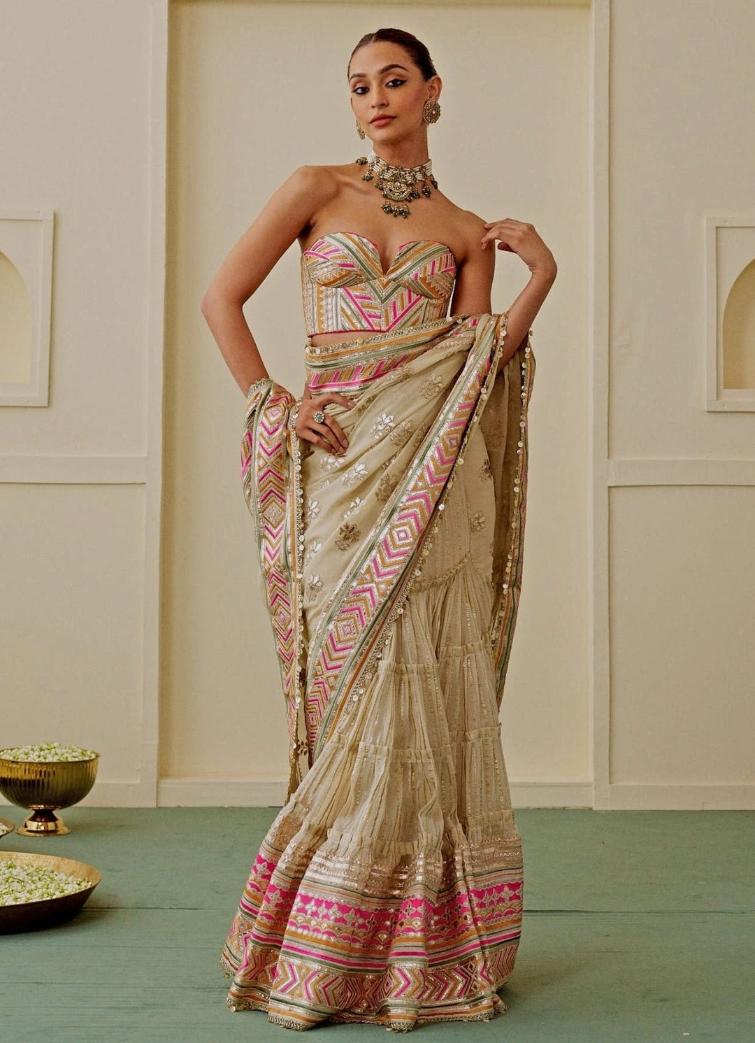 Gopi Vaid Ivory Georgette Pre-Draped Saree With CorsetFabilicious Fashion