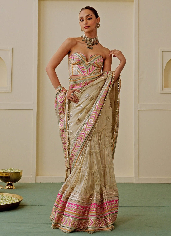 Gopi Vaid Ivory Georgette Pre-Draped Saree With CorsetFabilicious Fashion