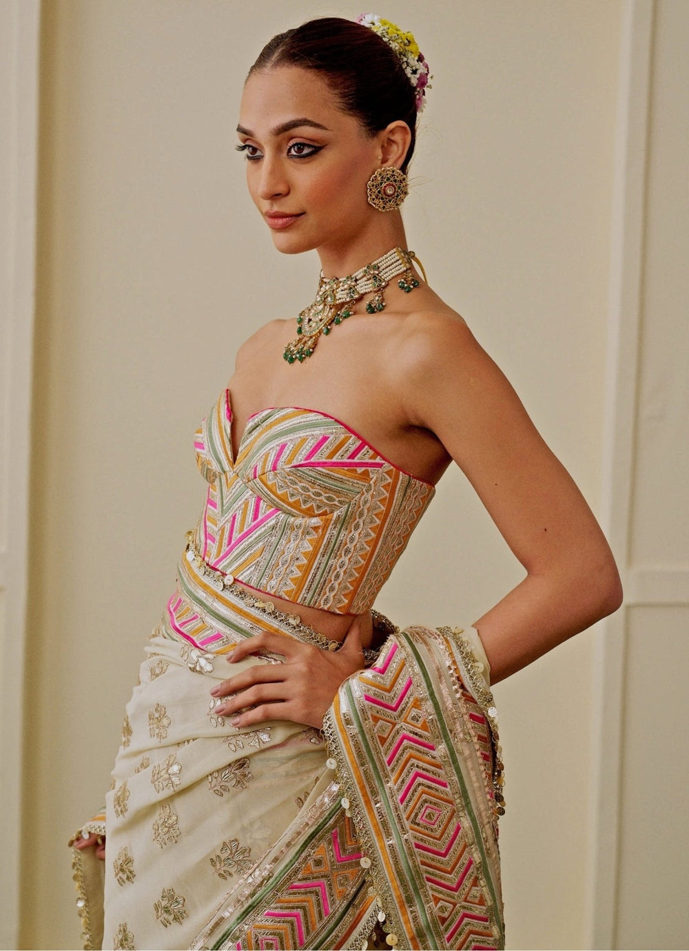 Gopi Vaid Ivory Georgette Pre-Draped Saree With CorsetFabilicious Fashion