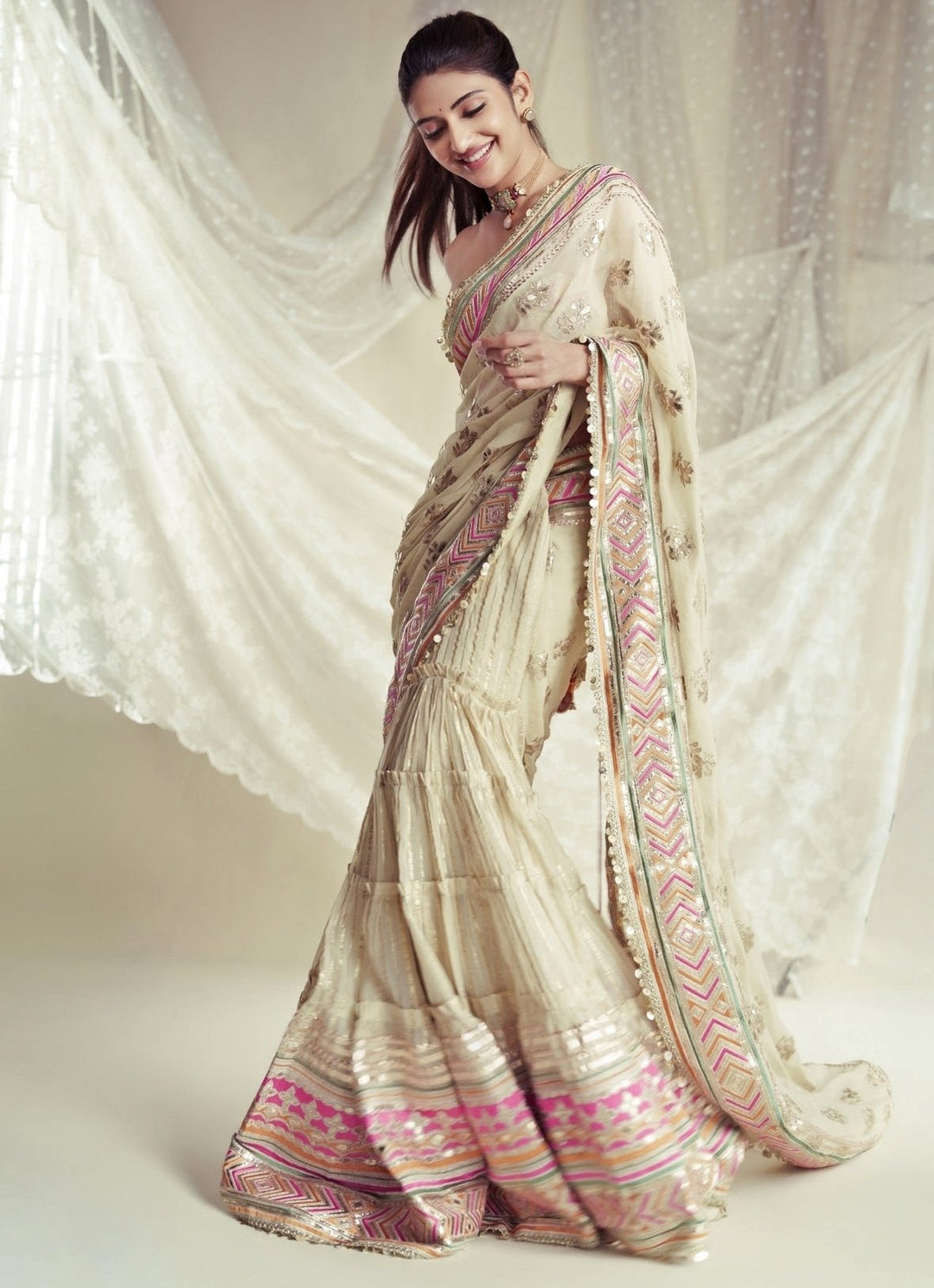 Gopi Vaid Ivory Georgette Pre-Draped Saree With CorsetFabilicious Fashion