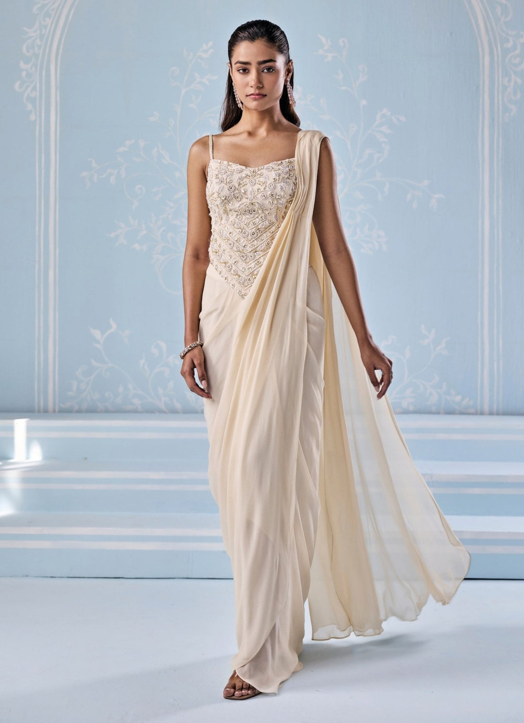 Ivory Georgette Pre - Draped Saree With Corset Seema Thukral - Fabilicious Fashion