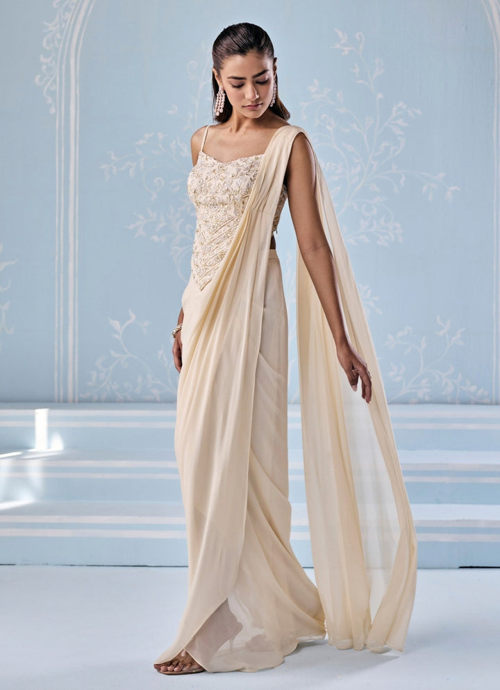 Ivory Georgette Pre - Draped Saree With Corset Seema Thukral - Fabilicious Fashion