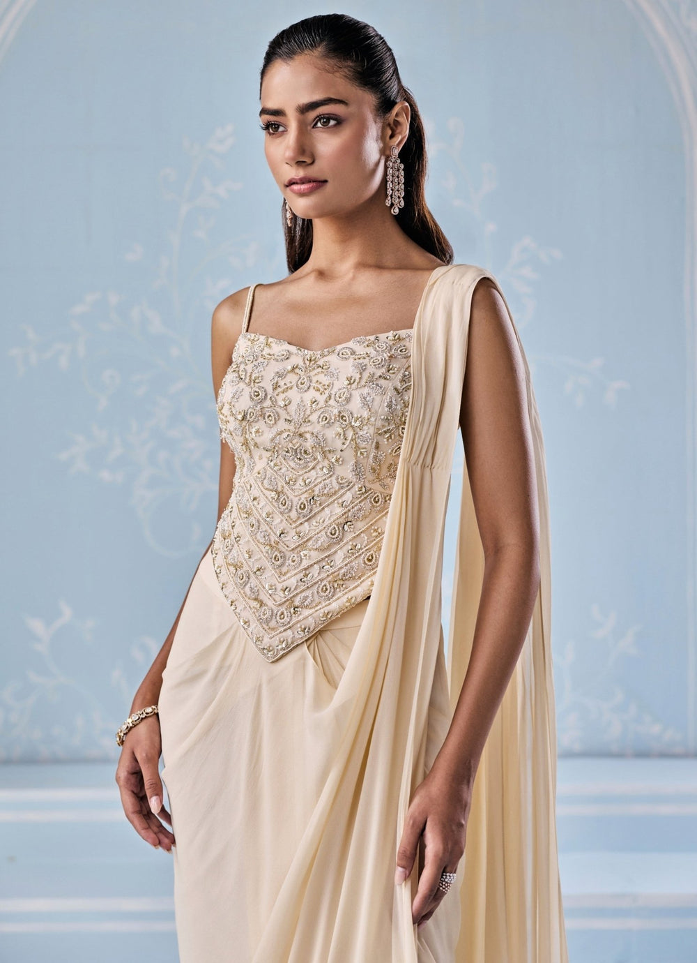 Ivory Georgette Pre - Draped Saree With Corset Seema Thukral - Fabilicious Fashion