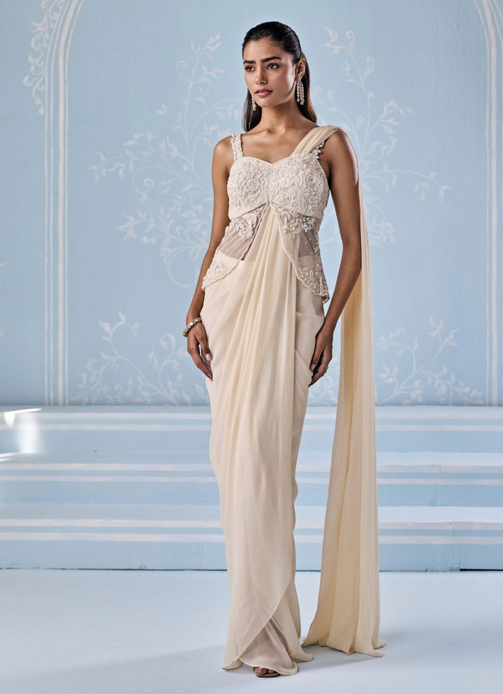 Seema Thukral Ivory Georgette Pre - Draped Saree With PeplumFabilicious Fashion