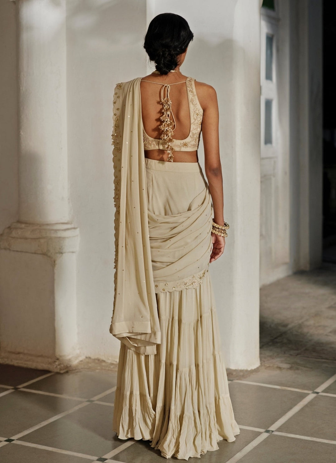Ivory Georgette Pre - Draped Saree Paulmi and Harsh - Fabilicious Fashion