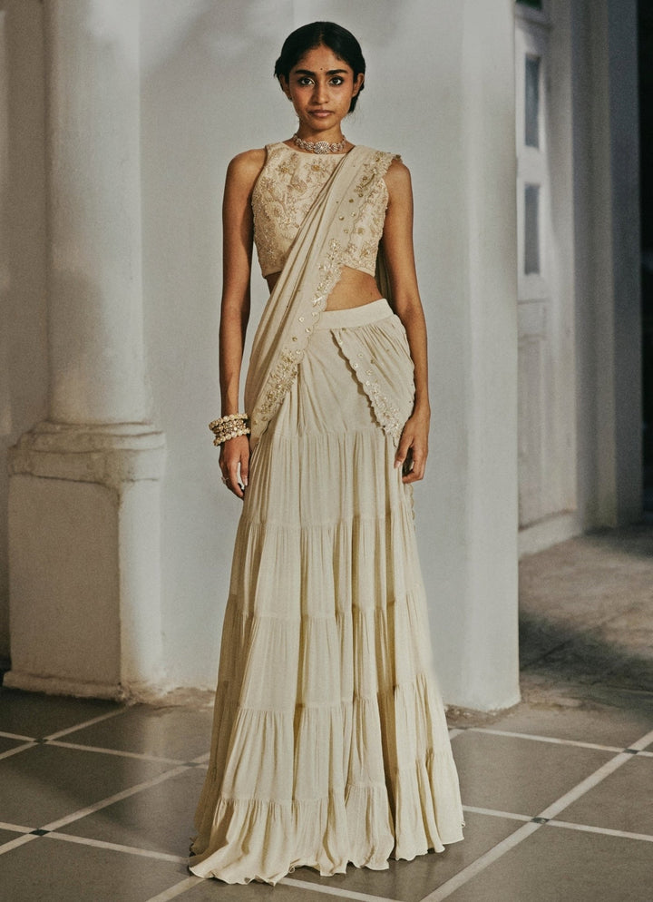 Ivory Georgette Pre - Draped Saree Paulmi and Harsh - Fabilicious Fashion