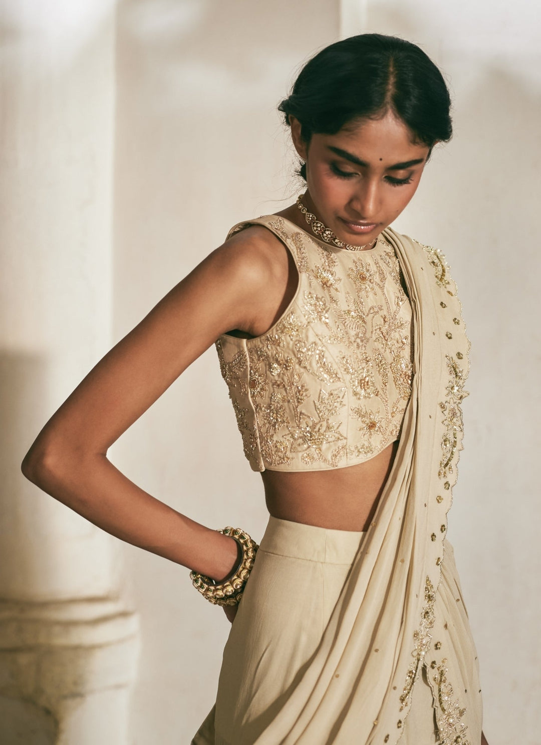 Ivory Georgette Pre - Draped Saree Paulmi and Harsh - Fabilicious Fashion