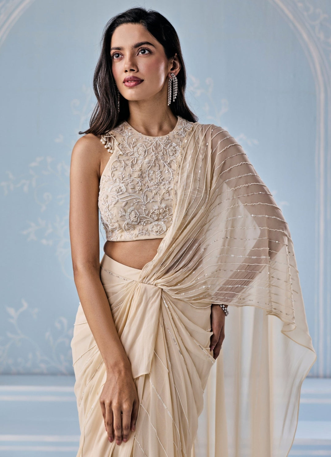 Seema Thukral Ivory Georgette Pre - Draped SareeFabilicious Fashion
