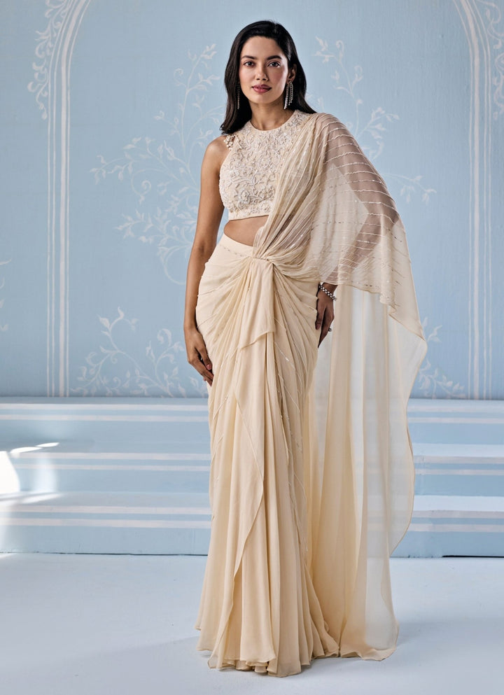 Seema Thukral Ivory Georgette Pre - Draped SareeFabilicious Fashion