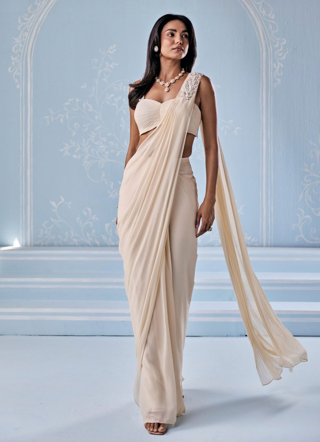 Seema Thukral Ivory Georgette Pre - Draped SareeFabilicious Fashion