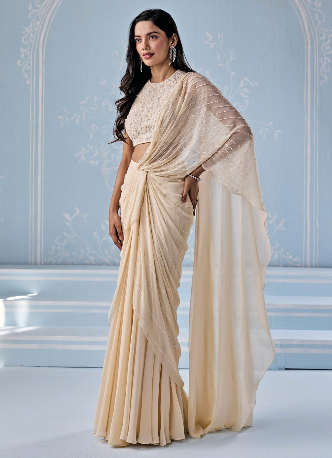 Seema Thukral Ivory Georgette Pre - Draped SareeFabilicious Fashion