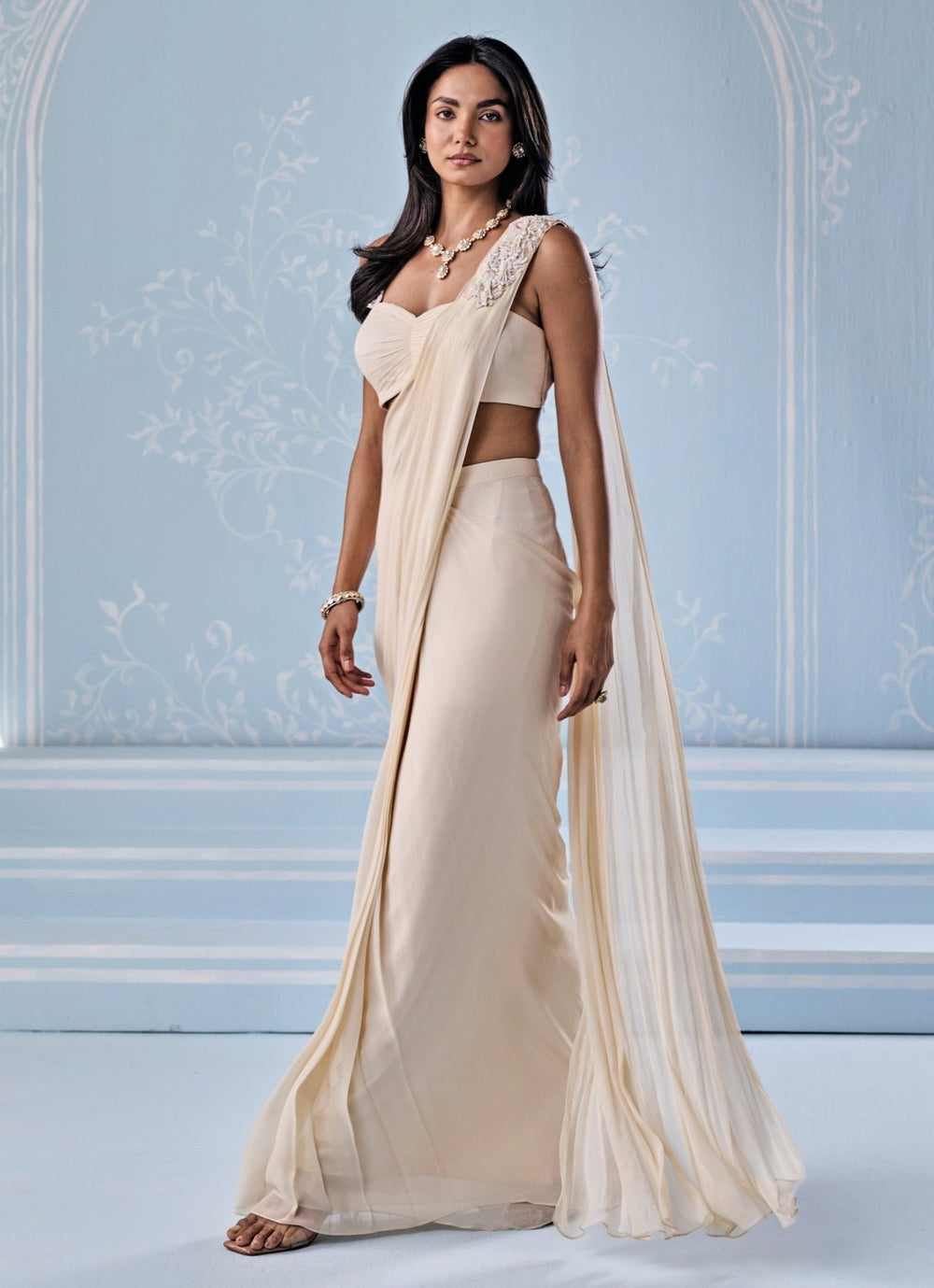 Seema Thukral Ivory Georgette Pre - Draped SareeFabilicious Fashion