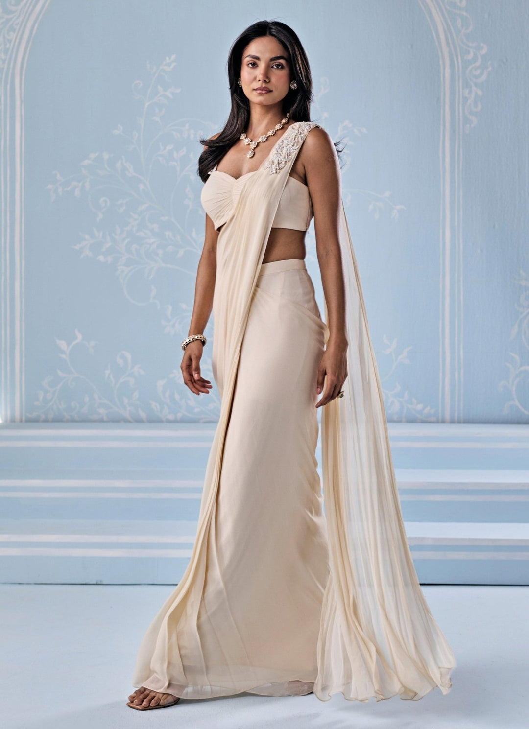 Seema Thukral Ivory Georgette Pre - Draped SareeFabilicious Fashion