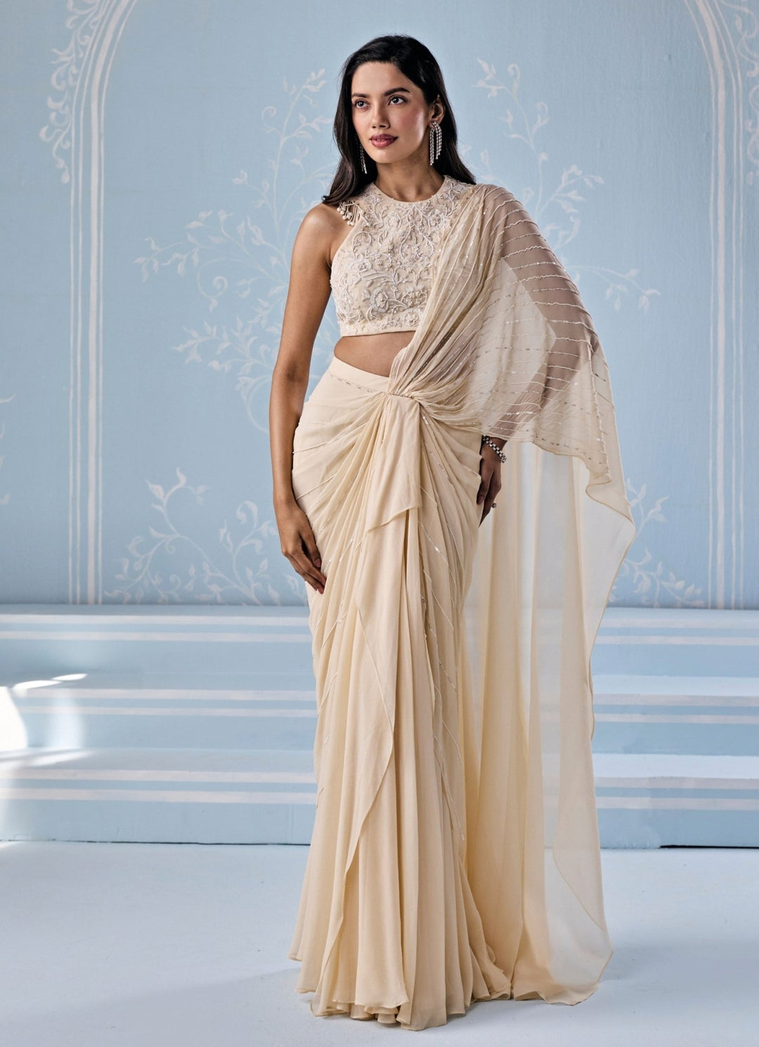 Seema Thukral Ivory Georgette Pre - Draped SareeFabilicious Fashion