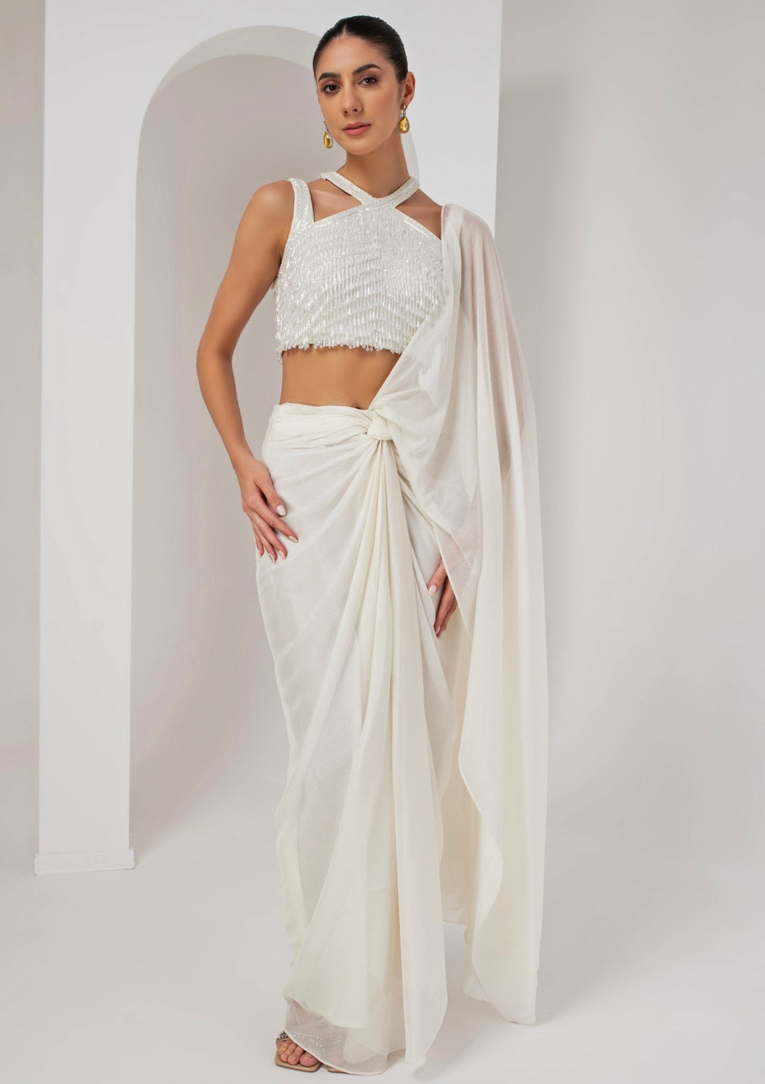 Ivory Georgette Pre - Stitched Saree Akara - Fabilicious Fashion