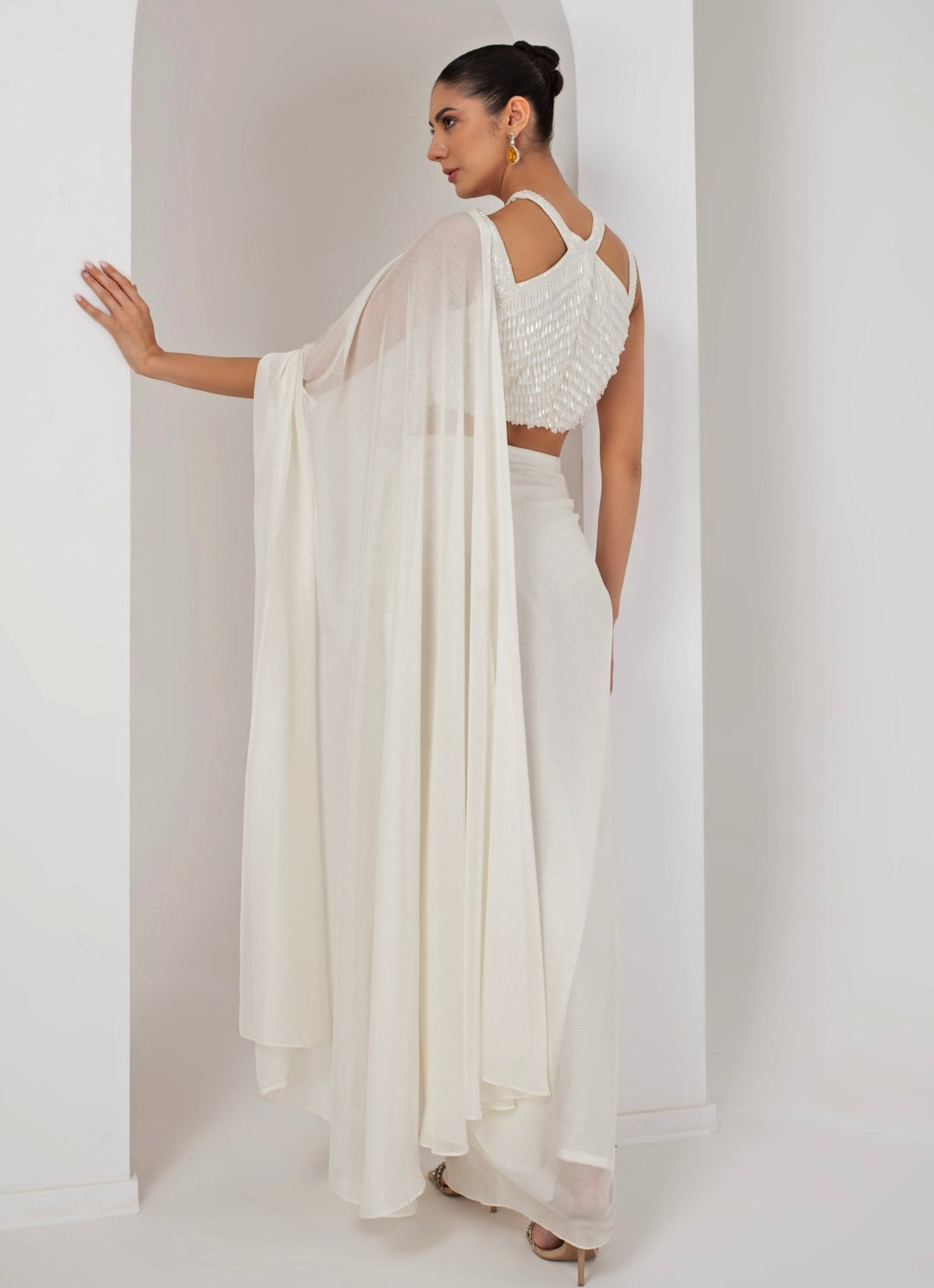 Ivory Georgette Pre - Stitched Saree Akara - Fabilicious Fashion